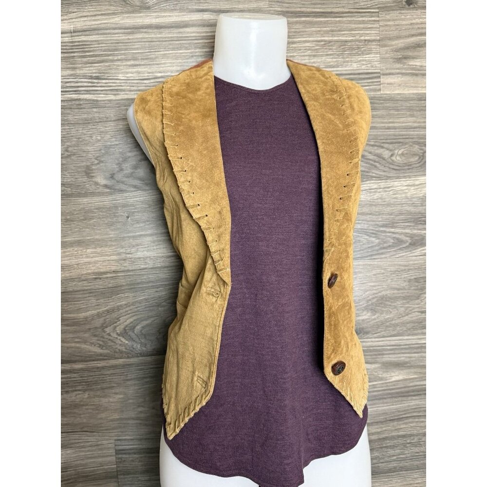 Vtg 100% leather front brown western style vest Adjustable Tie Waist festival